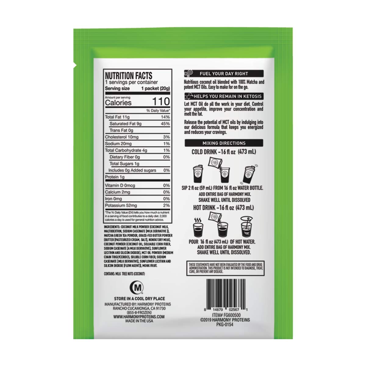 Harmony Proteins Keto Matcha: Pure Japanese Matcha for Energy and Focus, Instant Drink Mix with 68mg Caffeine, 12 Packets