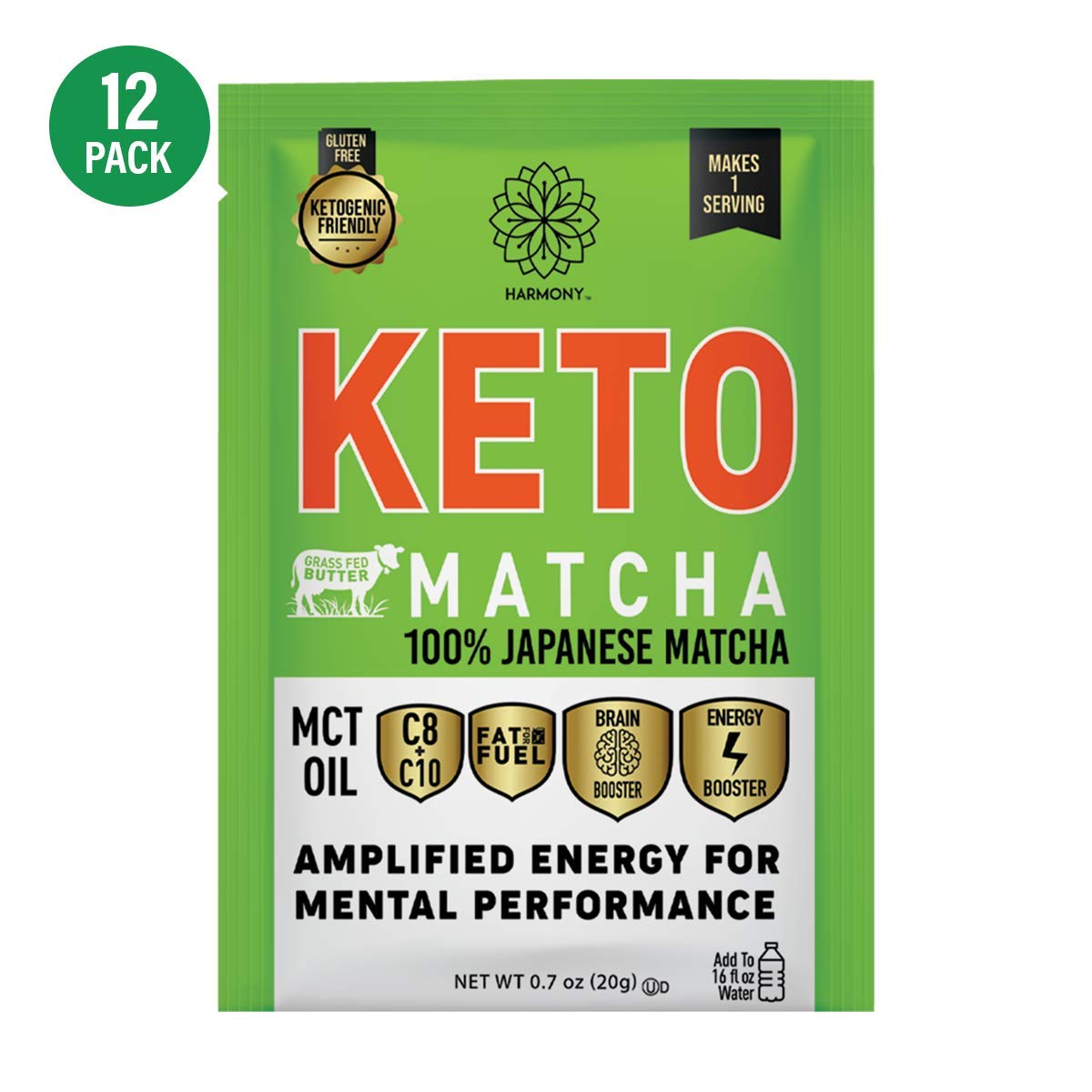 Harmony Proteins Keto Matcha: Pure Japanese Matcha for Energy and Focus, Instant Drink Mix with 68mg Caffeine, 12 Packets