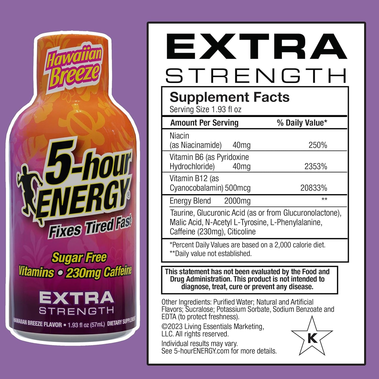 Hawaiian Breeze Flavor Extra Strength Energy Shot with Amino Acids & B Vitamins - Sugar-Free, Zero Calories, 230mg Caffeine - 24 Count