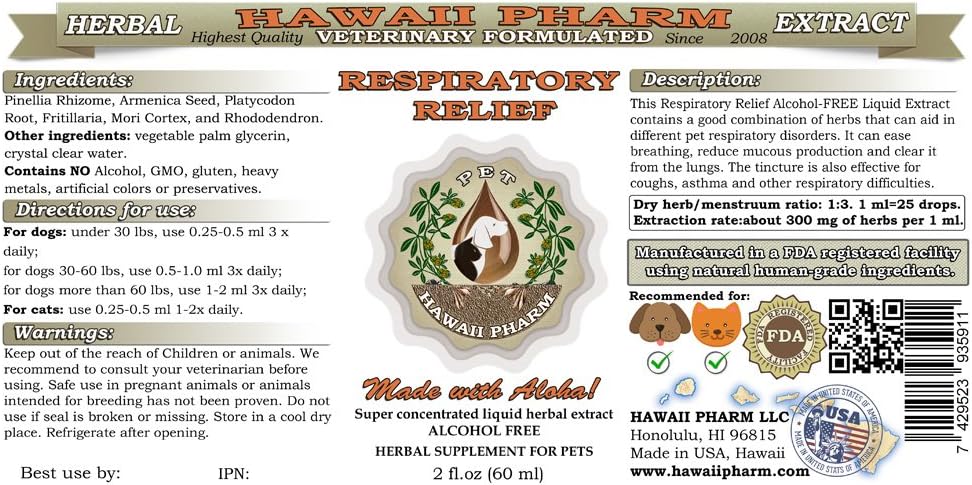 HawaiiPharm Respiratory Relief Liquid Extract for Pets - 2 oz Herbal Supplement