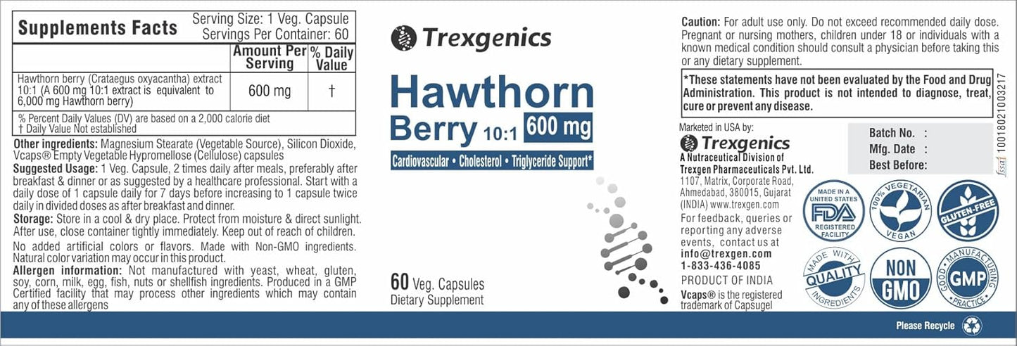 Hawthorn Berry 600mg Capsules for Cardiovascular Health - Vegan & Non-GMO - Supports Cholesterol, Triglycerides, and Blood Pressure - 60 Count