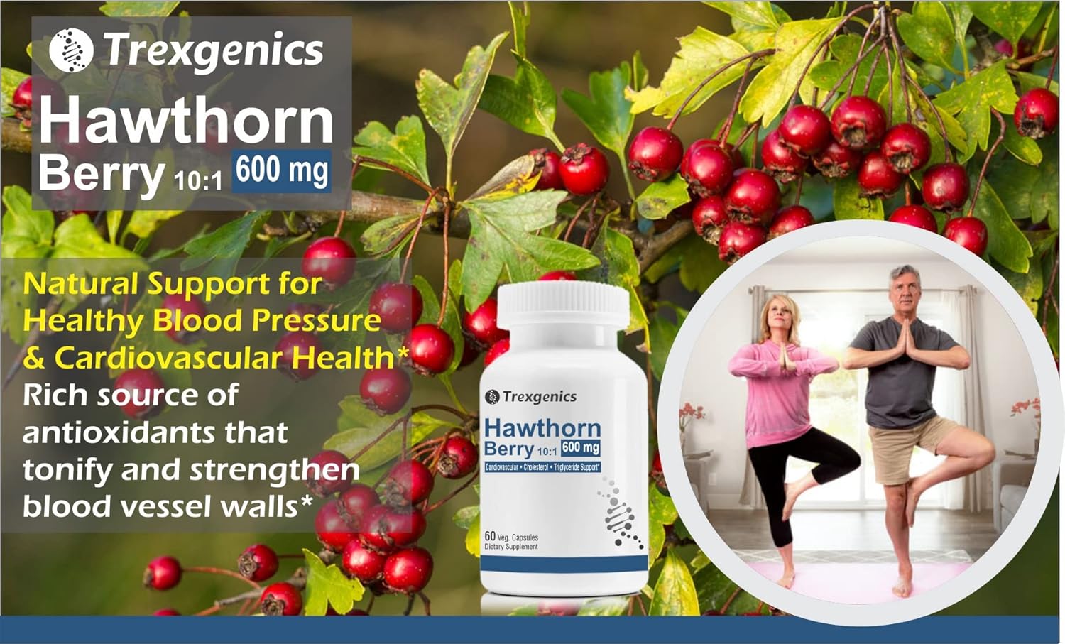 Hawthorn Berry 600mg Capsules for Cardiovascular Health - Vegan & Non-GMO - Supports Cholesterol, Triglycerides, and Blood Pressure - 60 Count