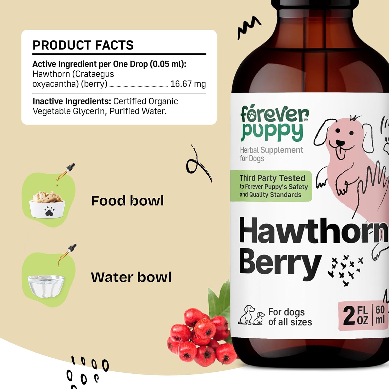 Hawthorn Berry Drops for Dogs - Liquid Heart Health Supplement - Antioxidant Support for Happy Pets - 2 oz Bottle, Preservative-Free
