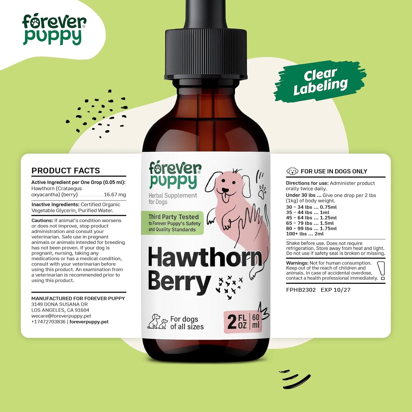 Hawthorn Berry Drops for Dogs - Liquid Heart Health Supplement - Antioxidant Support for Happy Pets - 2 oz Bottle, Preservative-Free