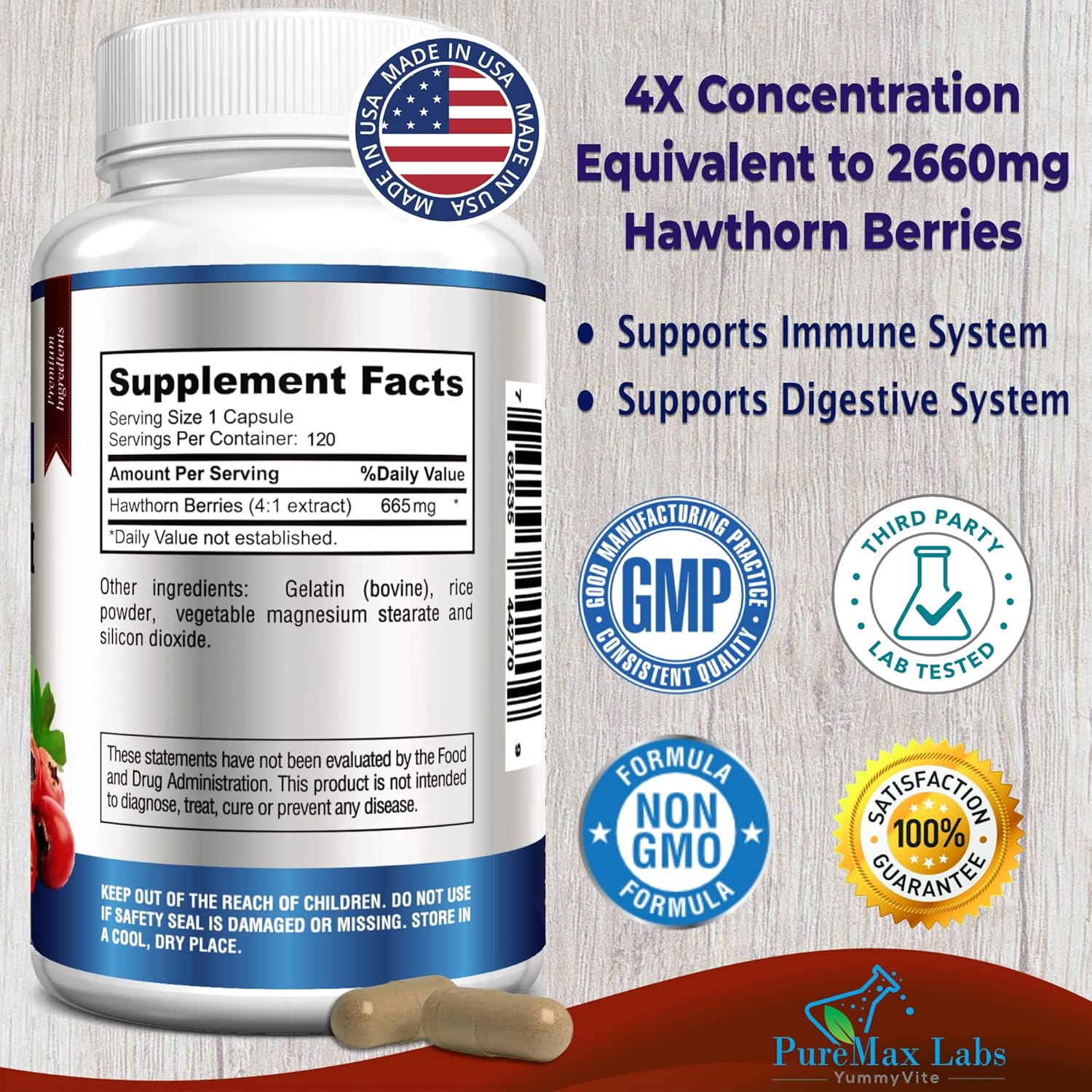 Hawthorn Berry Extract Capsules - 4:1 Concentration, 120 Count, Immune Support & Antioxidant Boost from 2660mg Berries
