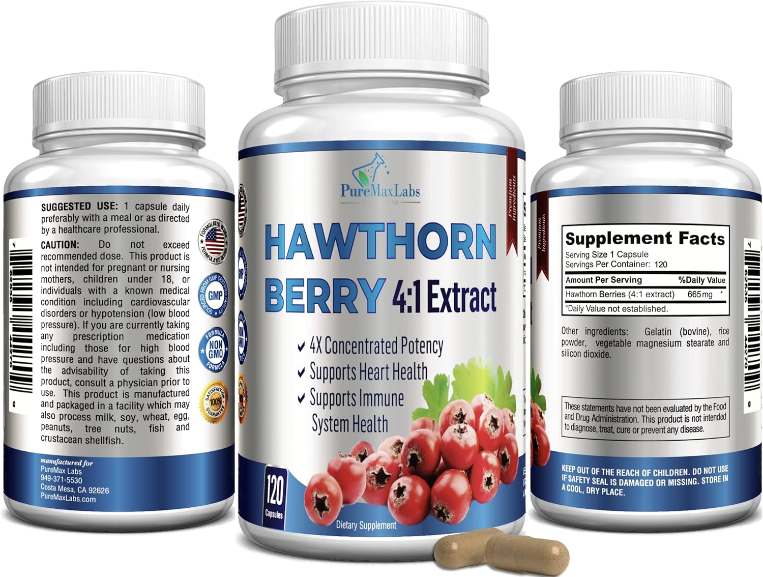 Hawthorn Berry Extract Capsules - 4:1 Concentration, 120 Count, Immune Support & Antioxidant Boost from 2660mg Berries