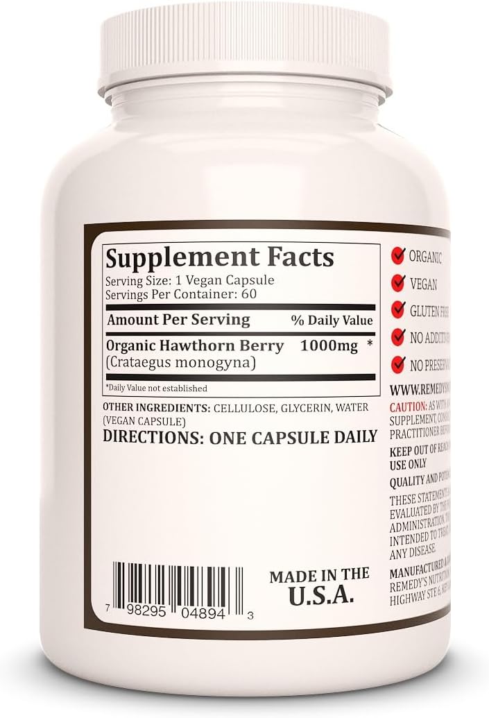 Hawthorn Berry Supplement 1000mg Capsules - 60 Vegan Capsules | Herbal Dietary Supplement | Non-GMO, Gluten-Free, Dairy-Free