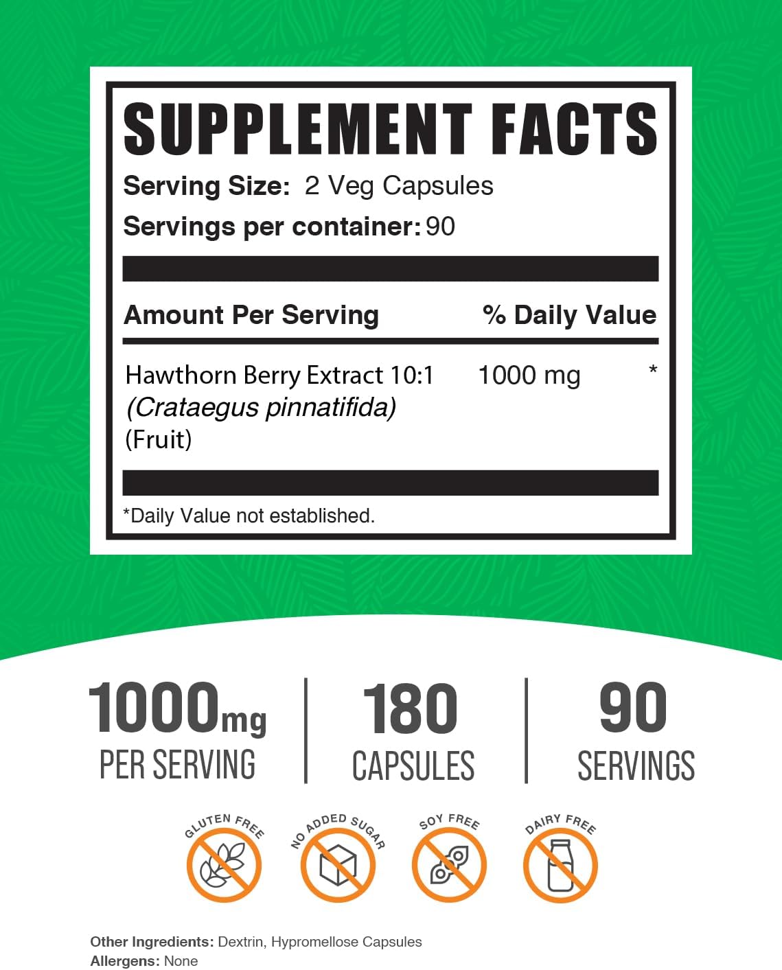 Hawthorn Berry Supplement Capsules - 1000mg Extract, Gluten Free - 180 Veg Capsules