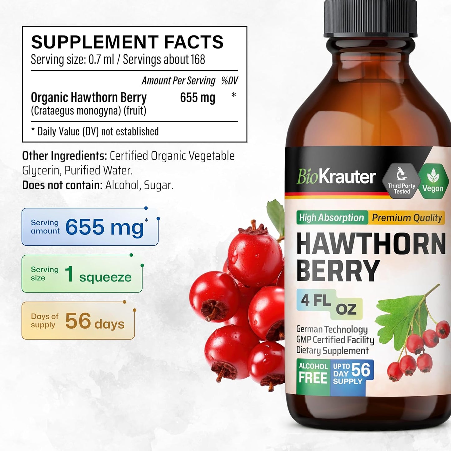 Hawthorn Berry Tincture 4 Fl.Oz - Alcohol & Sugar Free Vegan Supplement