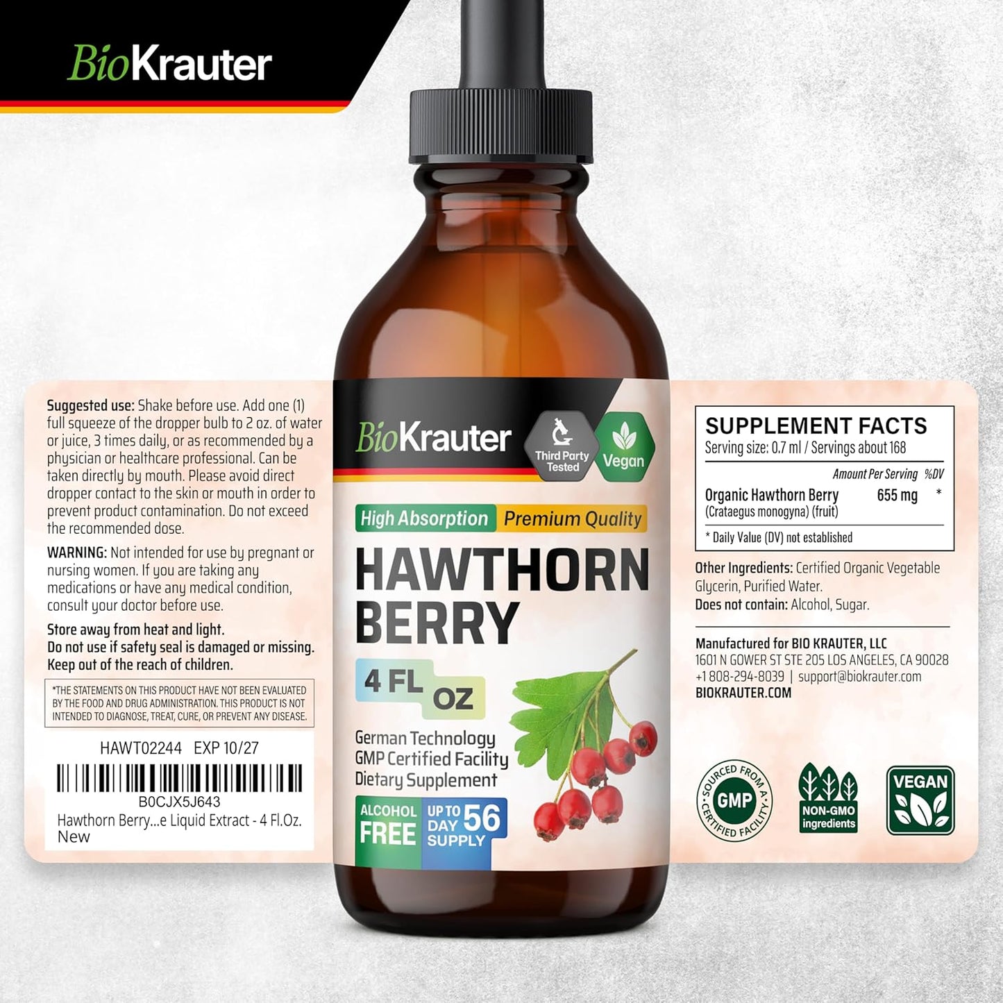 Hawthorn Berry Tincture 4 Fl.Oz - Alcohol & Sugar Free Vegan Supplement