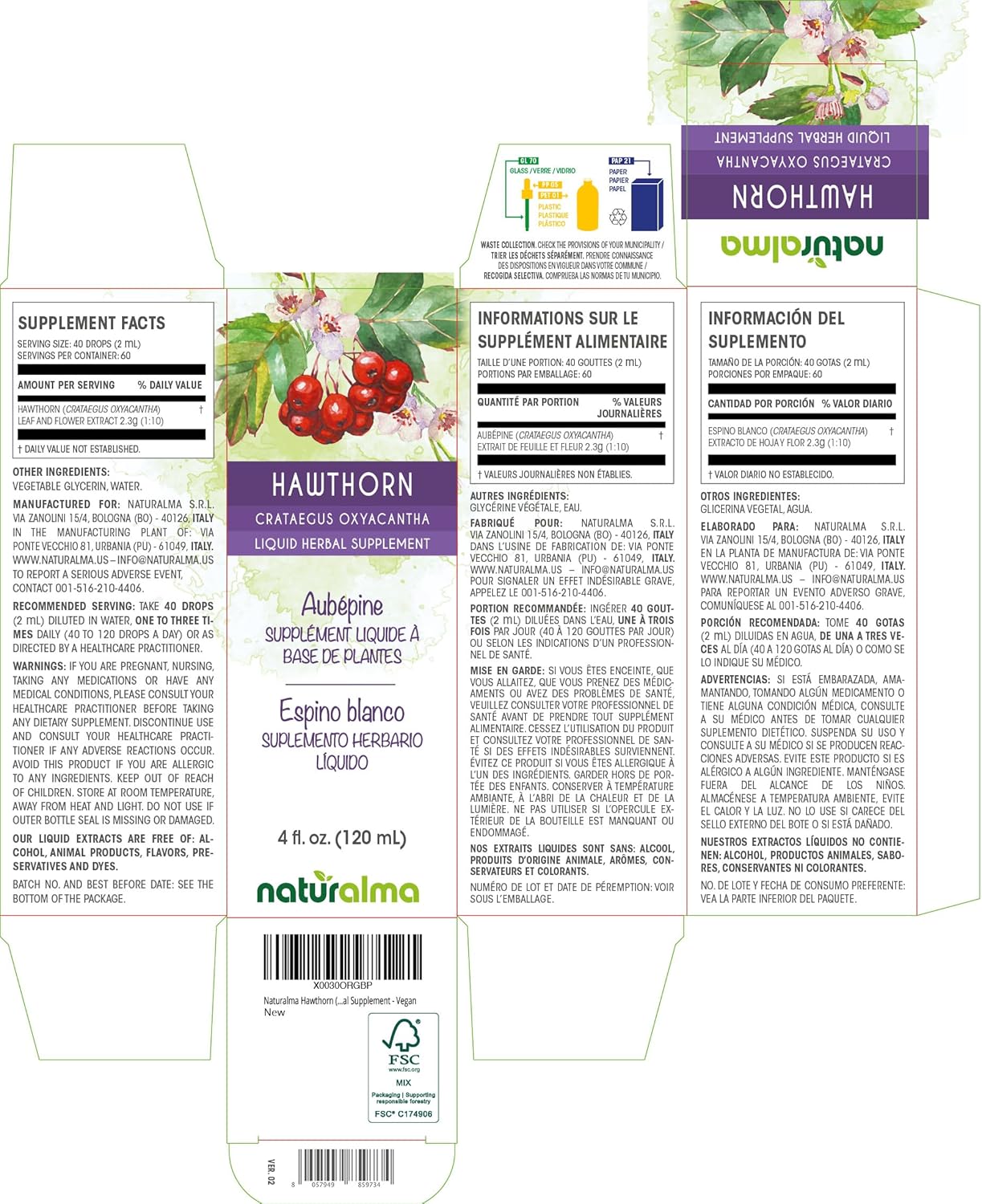 Hawthorn Leaf and Flower Alcohol-Free Tincture - 4 fl oz Liquid Extract Drops - Natural Herbal Supplement for Vegans