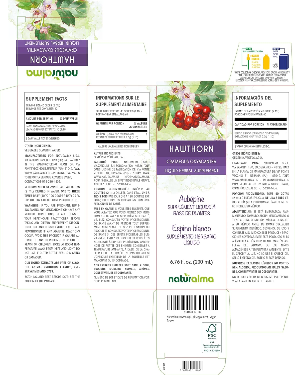 Hawthorn Leaf and Flower Alcohol-Free Tincture - 6.76 fl oz Liquid Extract Drops - Natural Herbal Supplement for Vegans