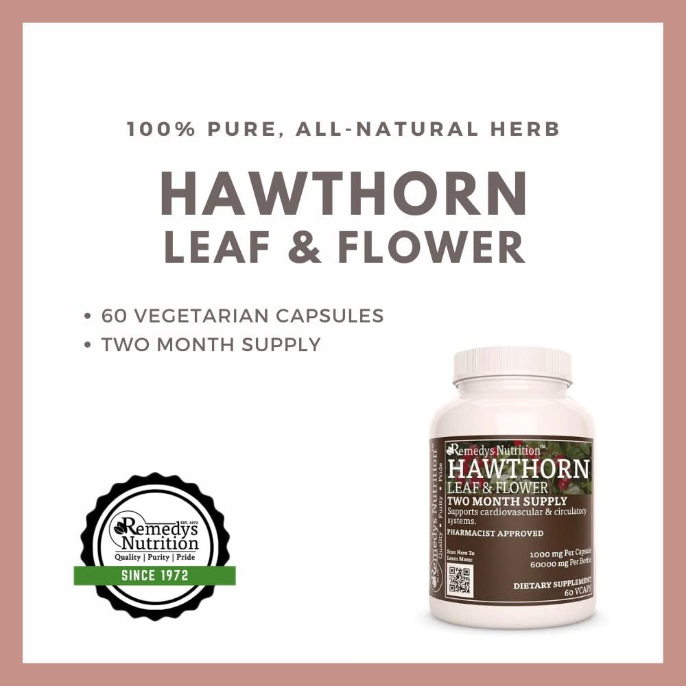 Hawthorn Leaf & Flower 1000mg Capsules | 60 Vegan Herbal Supplements | Non-GMO, Gluten & Dairy Free