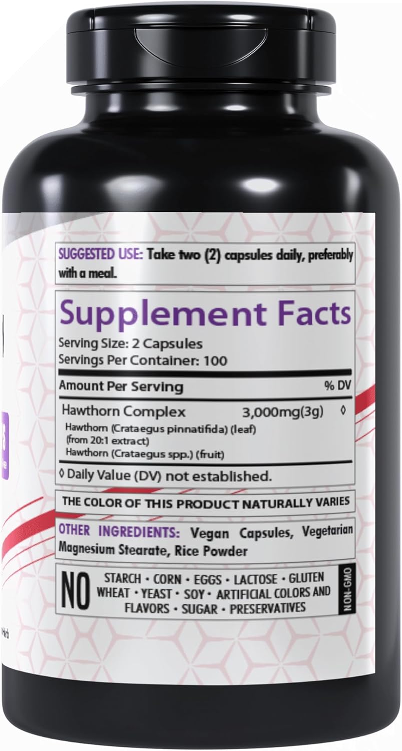 Hawthorn Supplement Capsules | 200 Count | 3000mg | Herbal Heart Support | Gluten-Free & Non-GMO