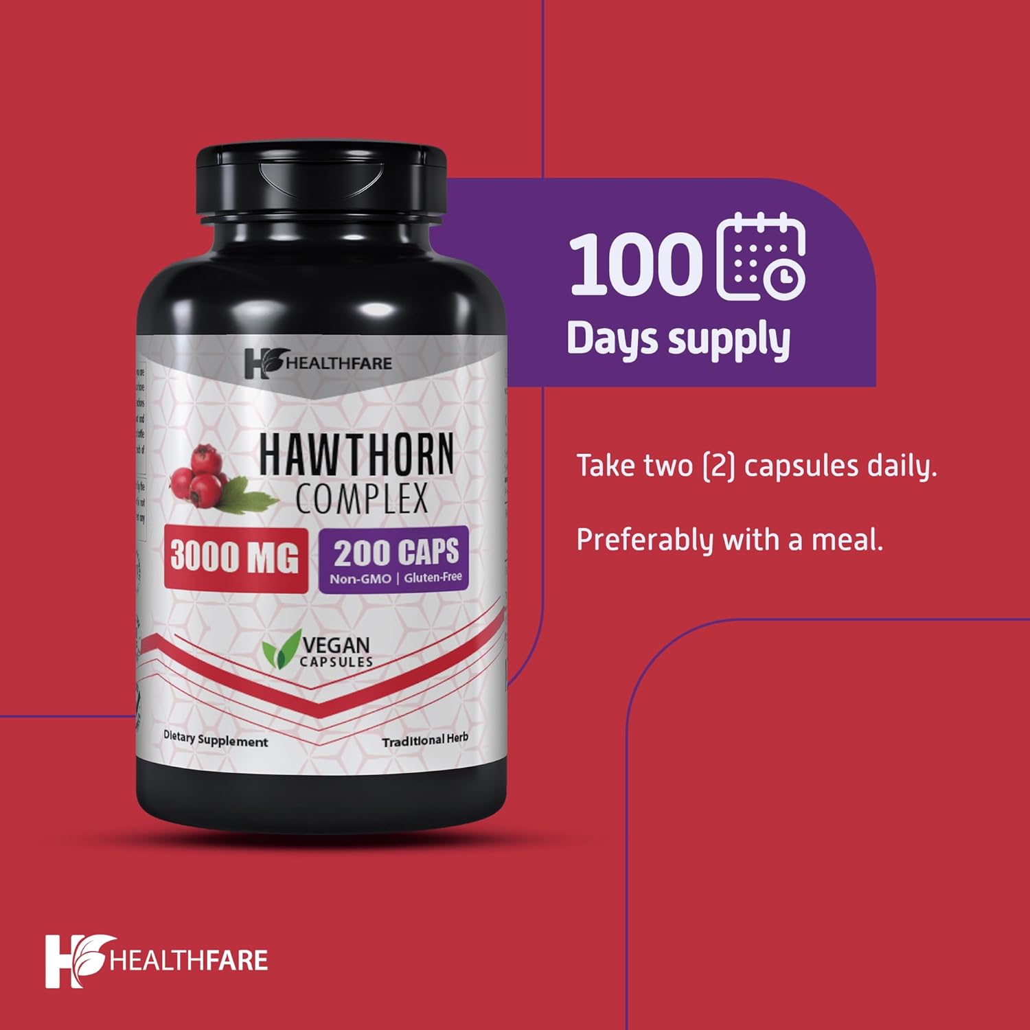 Hawthorn Supplement Capsules | 200 Count | 3000mg | Herbal Heart Support | Gluten-Free & Non-GMO