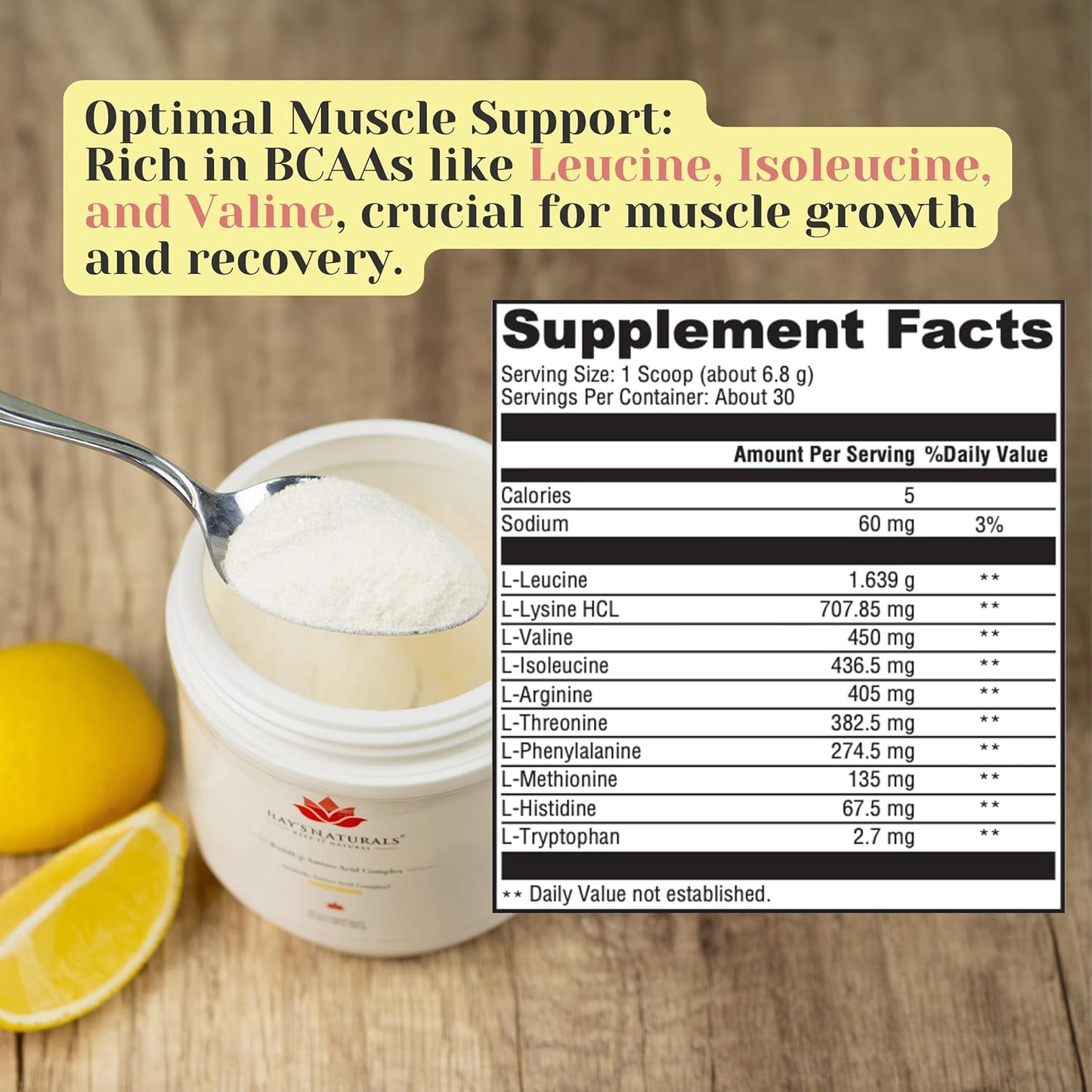 Hay's Naturals BuildUp - Amino Acid Complex for Lean Muscle Growth & Recovery | BCAA Powder with Essential Aminos | Natural Lemon Flavor | 30 Servings
