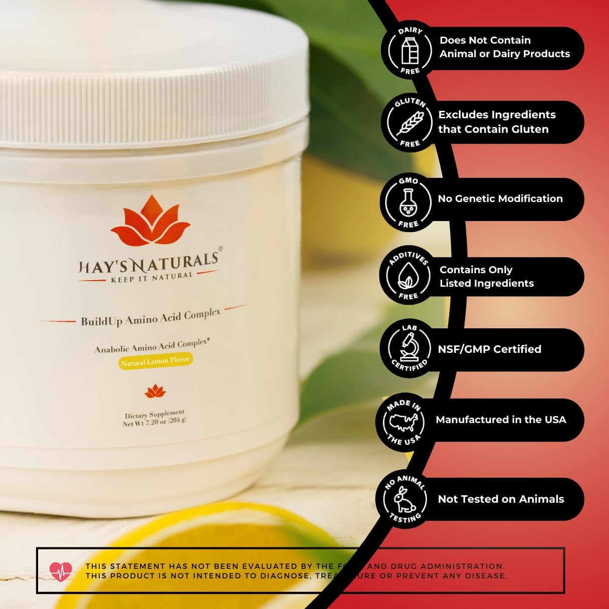 Hay's Naturals BuildUp - Amino Acid Complex for Lean Muscle Growth & Recovery | BCAA Powder with Essential Aminos | Natural Lemon Flavor | 30 Servings