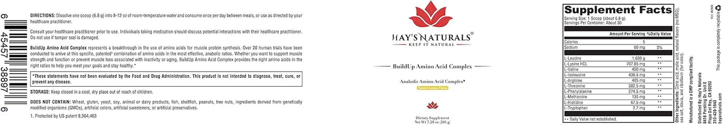 Hay's Naturals BuildUp - Amino Acid Complex for Lean Muscle Growth & Recovery | BCAA Powder with Essential Aminos | Natural Lemon Flavor | 30 Servings