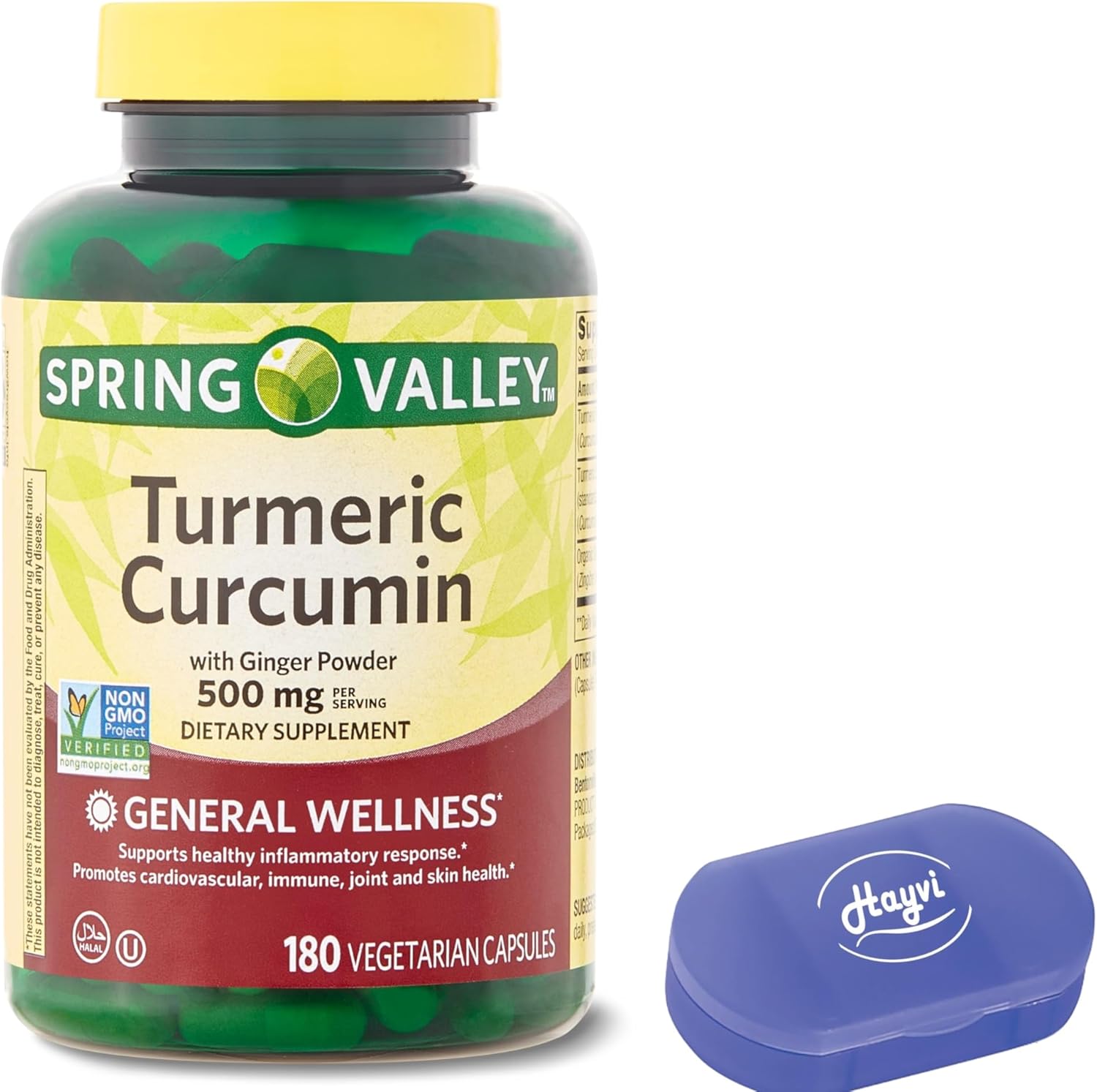 Hayvi Spring Valley Turmeric Curcumin & Ginger Powder Supplement Bundle - 500mg, 180 Capsules + Pill Case