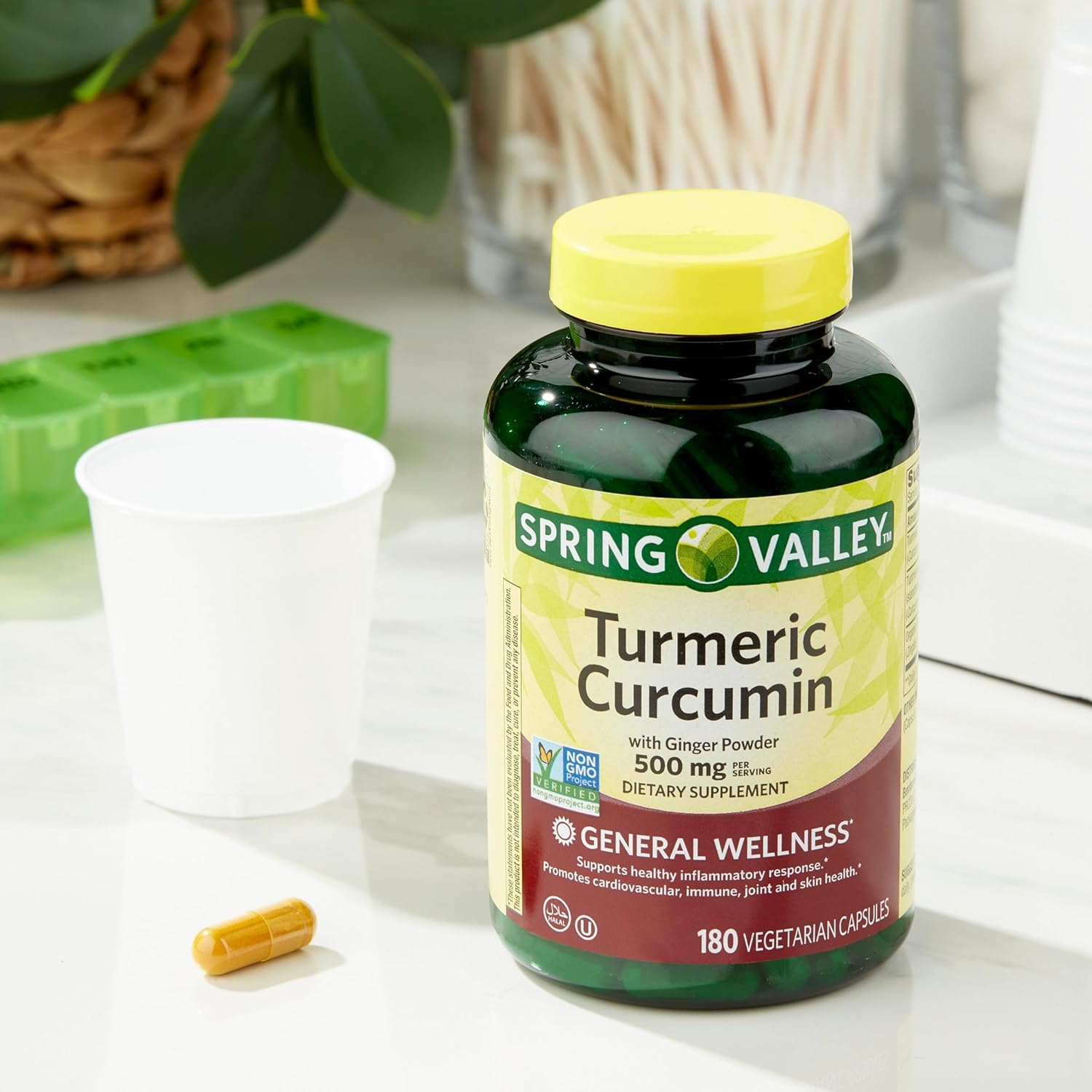 Hayvi Spring Valley Turmeric Curcumin & Ginger Powder Supplement Bundle - 500mg, 180 Capsules + Pill Case