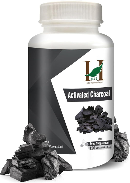 H&C Activated Charcoal Capsules - 350mg, 120 Capsules | Natural Coconut Shell Charcoal Detox Supplement