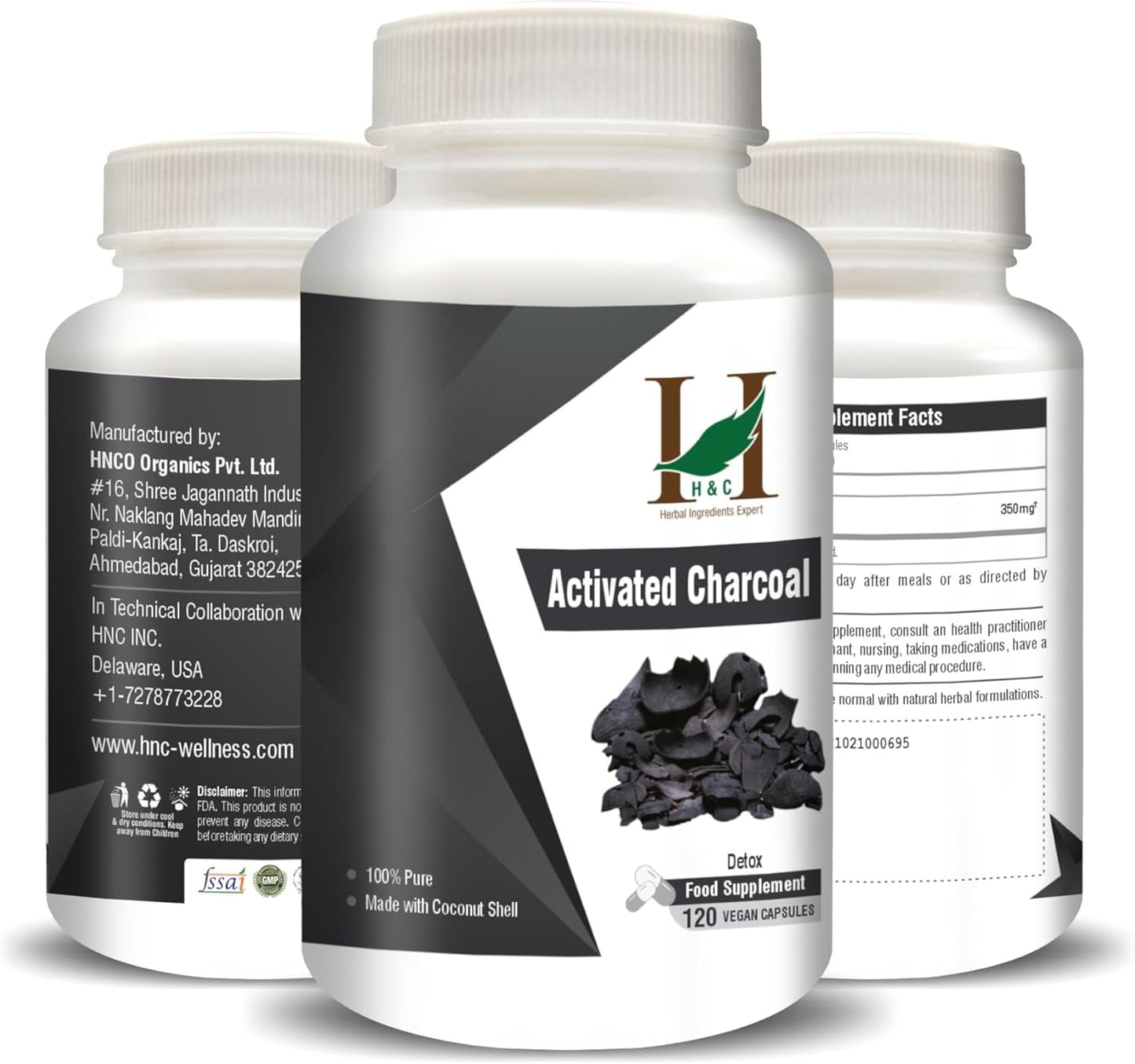 H&C Activated Charcoal Capsules - 350mg, 120 Capsules | Natural Coconut Shell Charcoal Detox Supplement