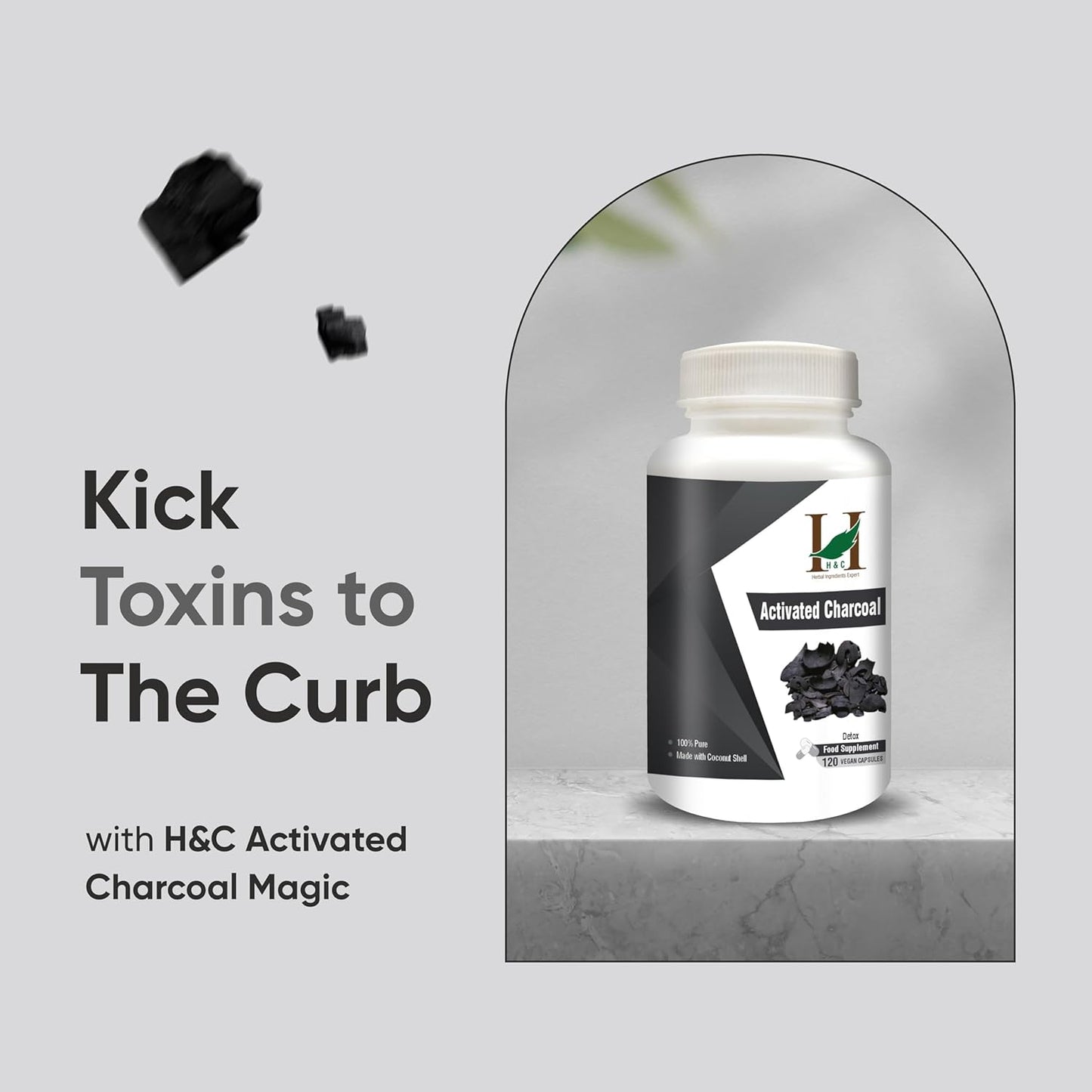 H&C Activated Charcoal Capsules - 350mg, 120 Capsules | Natural Coconut Shell Charcoal Detox Supplement