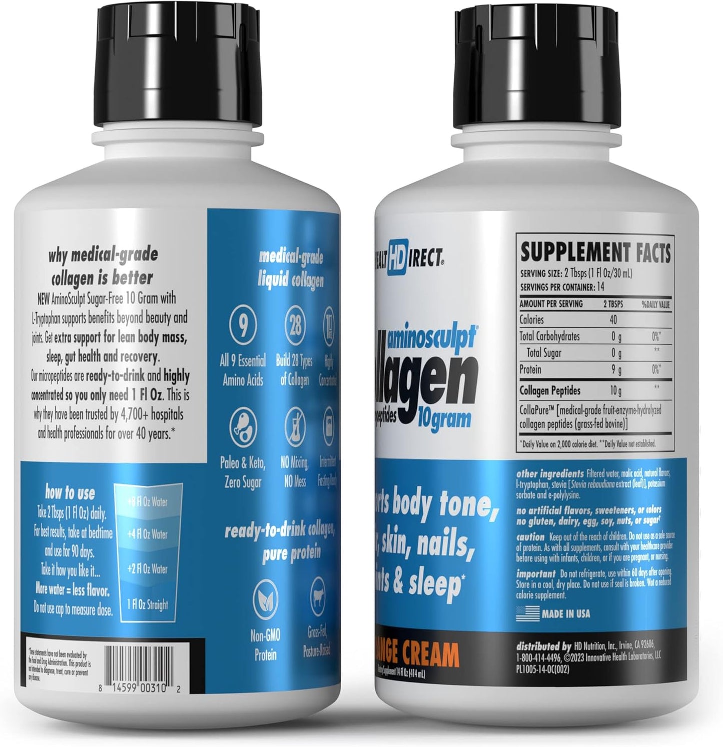 Health Direct AminoSculpt Liquid Collagen Micropeptides 14 Fl Oz - 10g Premium Medical-Grade Collagen for Women - Orange Cream Flavor