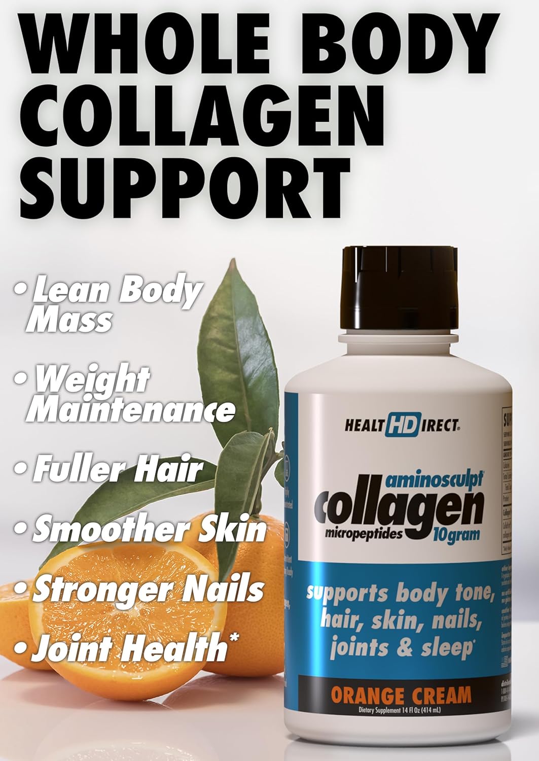 Health Direct AminoSculpt Liquid Collagen Micropeptides 14 Fl Oz - 10g Premium Medical-Grade Collagen for Women - Orange Cream Flavor
