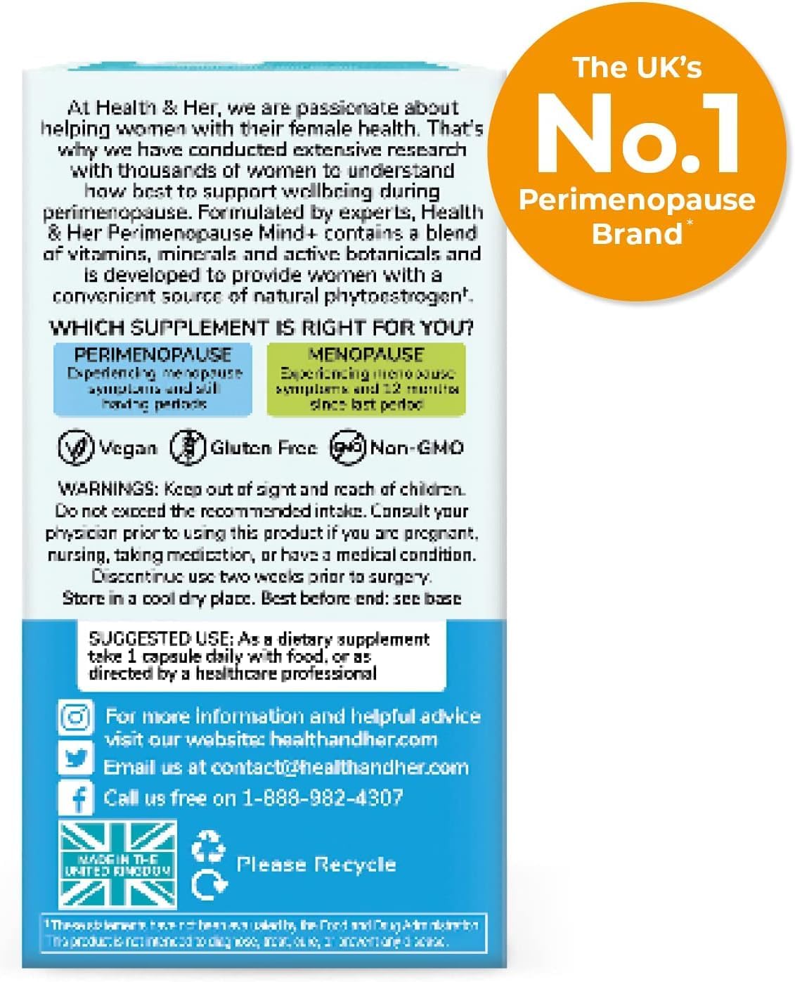 Health & Her Perimenopause Cognitive Function Support Supplement for Women - Mental Energy, Vitamins, Gluten-Free, Non-GMO, Vegan (30 Count)