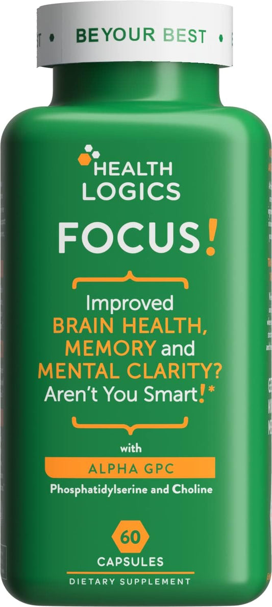 Health Logics Focus - Memory, Clarity, Concentration Brain Supplement with Choline, Ginkgo Biloba, Alpha GPC, Non-GMO - 60 Capsules