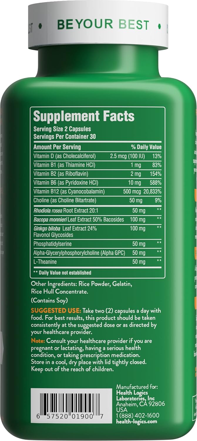 Health Logics Focus - Memory, Clarity, Concentration Brain Supplement with Choline, Ginkgo Biloba, Alpha GPC, Non-GMO - 60 Capsules