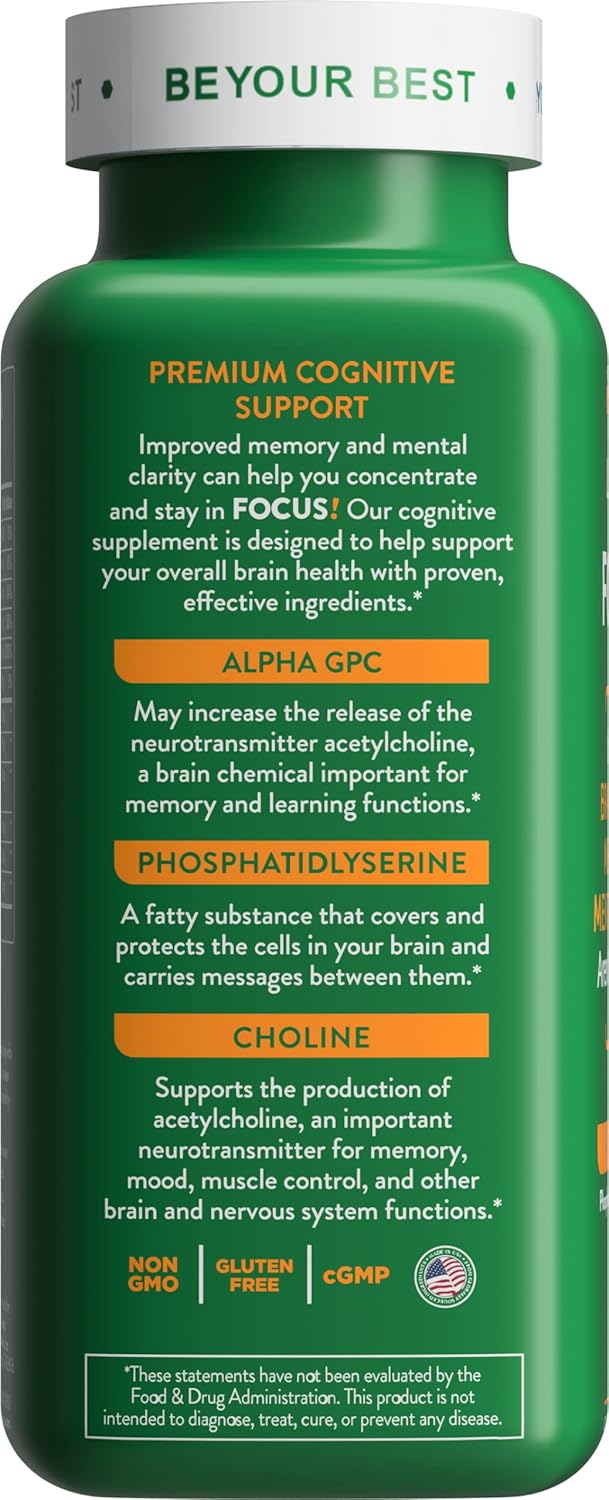 Health Logics Focus - Memory, Clarity, Concentration Brain Supplement with Choline, Ginkgo Biloba, Alpha GPC, Non-GMO - 60 Capsules