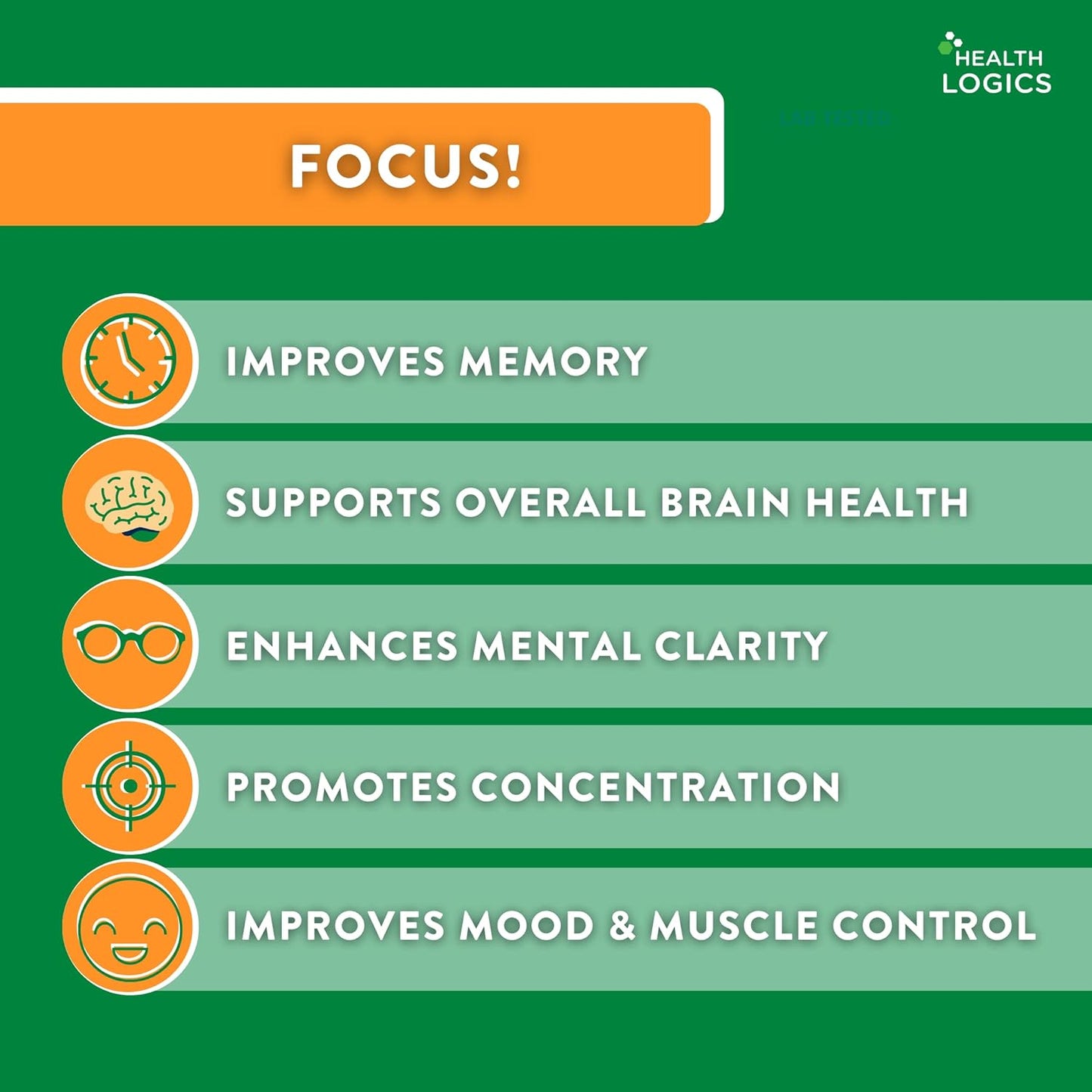 Health Logics Focus - Memory, Clarity, Concentration Brain Supplement with Choline, Ginkgo Biloba, Alpha GPC, Non-GMO - 60 Capsules