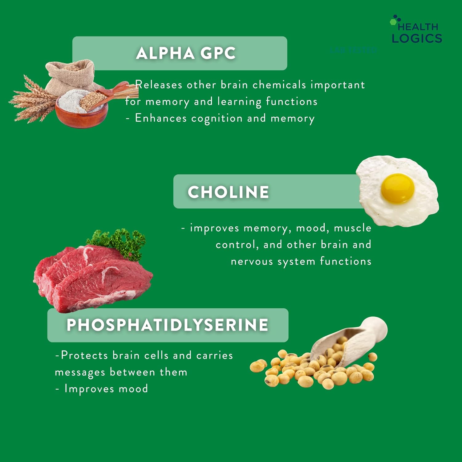 Health Logics Focus - Memory, Clarity, Concentration Brain Supplement with Choline, Ginkgo Biloba, Alpha GPC, Non-GMO - 60 Capsules