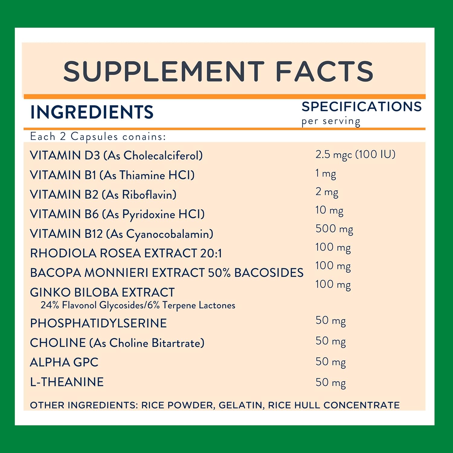 Health Logics Focus - Memory, Clarity, Concentration Brain Supplement with Choline, Ginkgo Biloba, Alpha GPC, Non-GMO - 60 Capsules