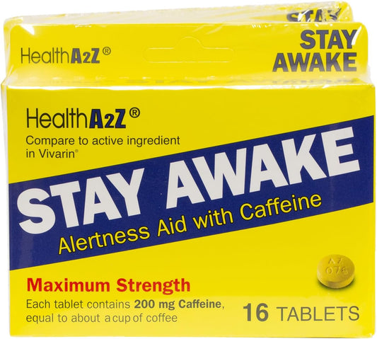 HealthA2Z® Stay Awake Caffeine Alertness Aid - 200mg - 3 Packs of 16 Tablets - Maximum Strength Formula