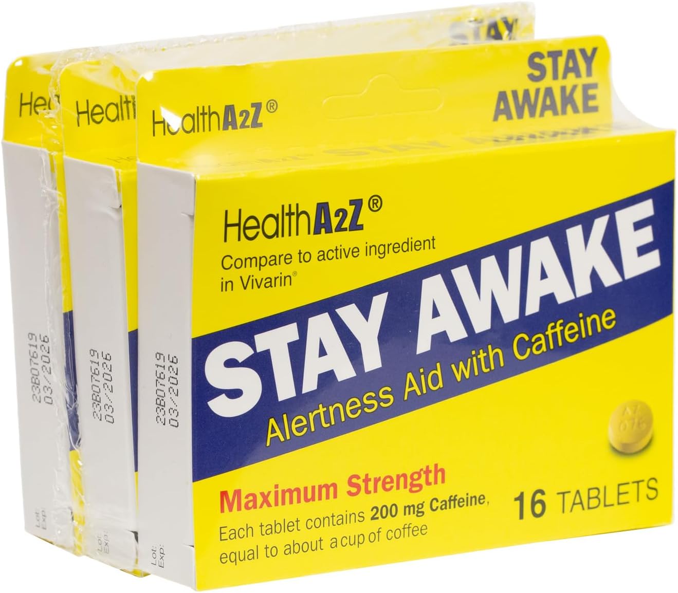 HealthA2Z® Stay Awake Caffeine Alertness Aid - 200mg - 3 Packs of 16 Tablets - Maximum Strength Formula