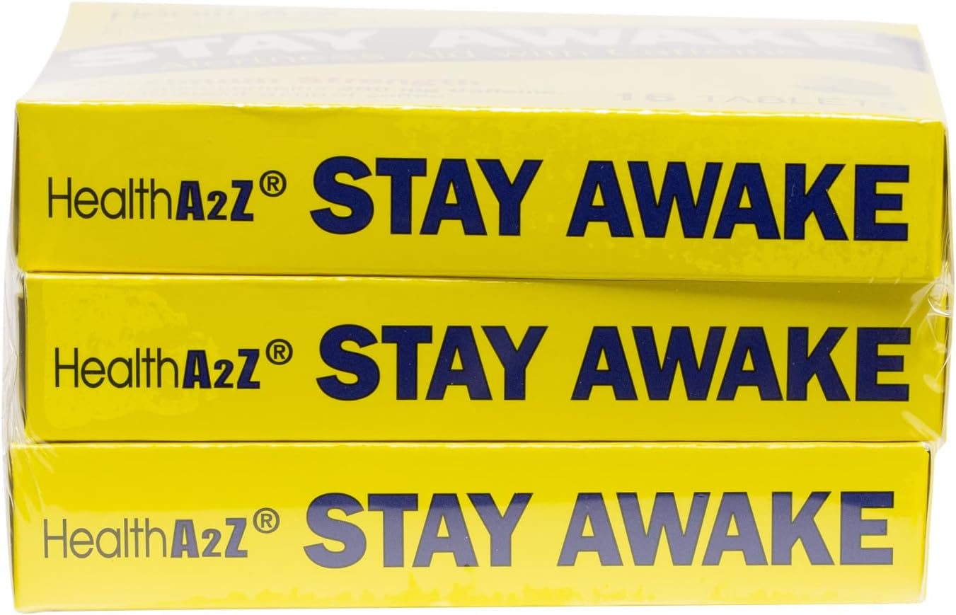 HealthA2Z® Stay Awake Caffeine Alertness Aid - 200mg - 3 Packs of 16 Tablets - Maximum Strength Formula