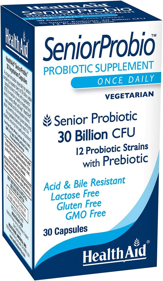 HealthAid Seniorprobio 30 Caps - Daily Probiotic Supplement for Seniors, 30 Billion CFUs, Prebiotic, Acid & Bile Resistant, Non-GMO, Vegetarian - 30 Count
