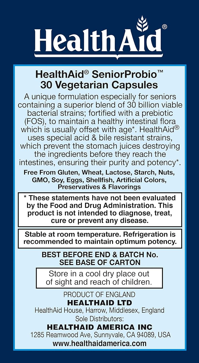 HealthAid Seniorprobio 30 Caps - Daily Probiotic Supplement for Seniors, 30 Billion CFUs, Prebiotic, Acid & Bile Resistant, Non-GMO, Vegetarian - 30 Count