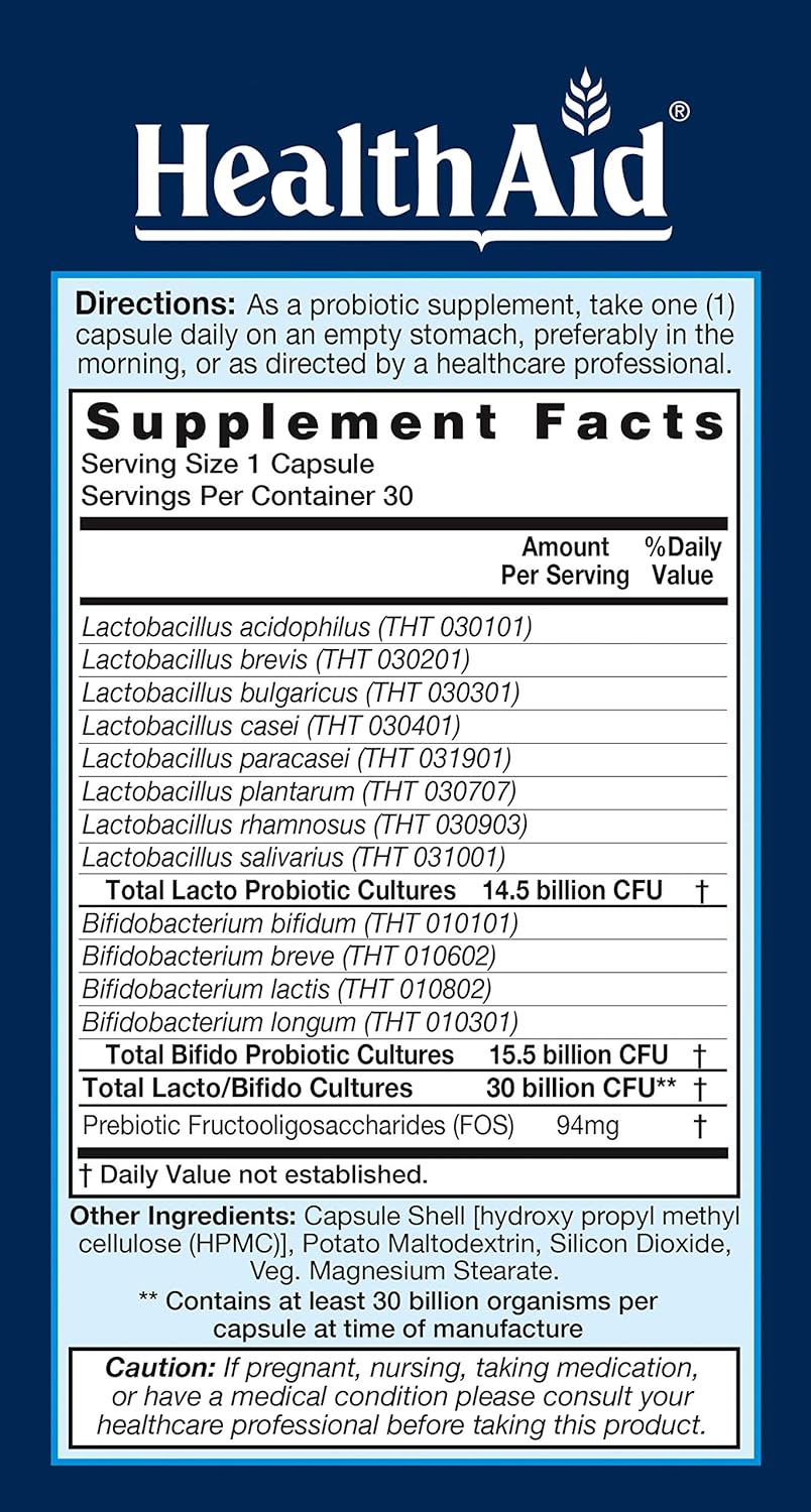 HealthAid Seniorprobio 30 Caps - Daily Probiotic Supplement for Seniors, 30 Billion CFUs, Prebiotic, Acid & Bile Resistant, Non-GMO, Vegetarian - 30 Count