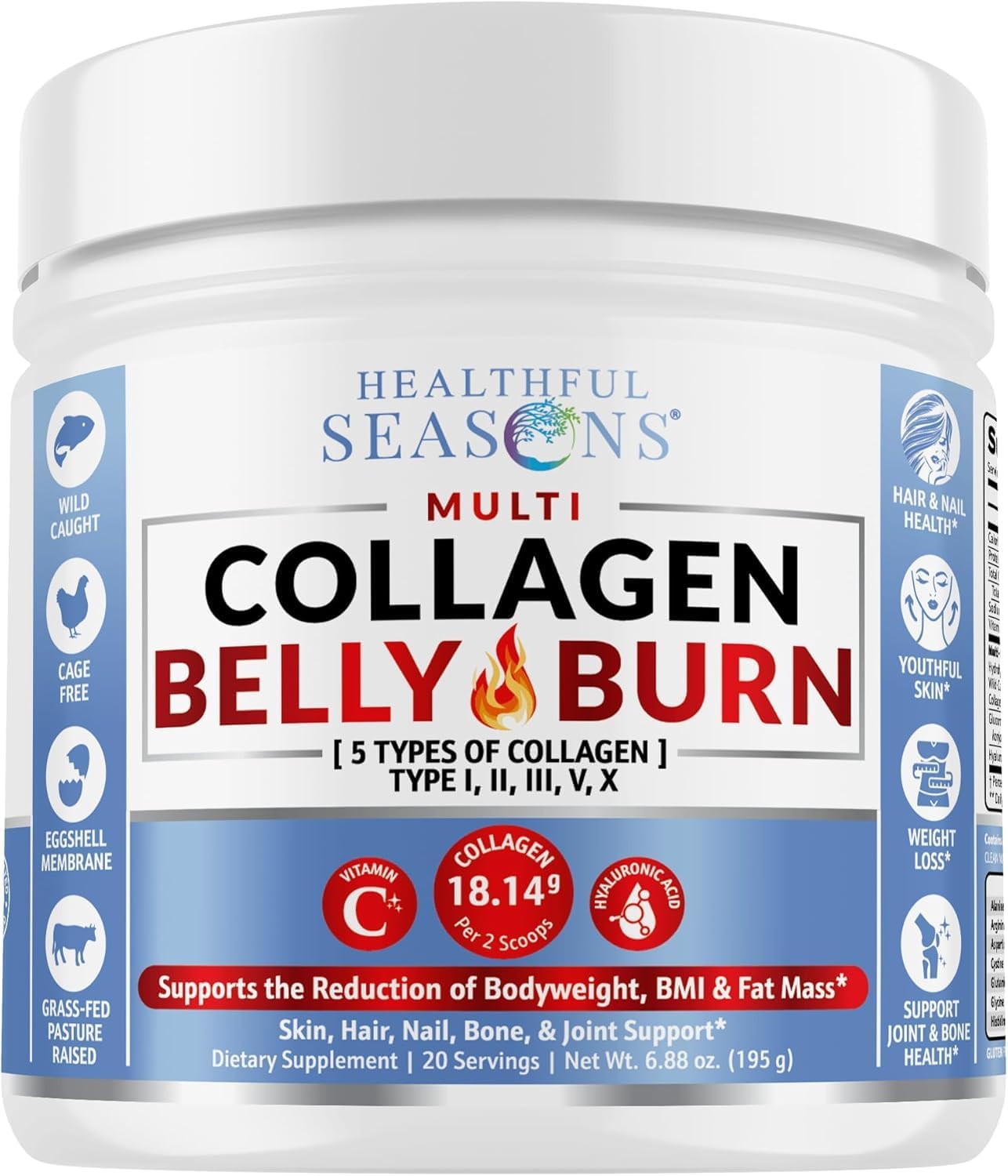 Healthful Seasons Multi Collagen Belly Burn Powder with Hyaluronic Acid, Vitamin C, L-Carnitine, Glucomannan - Unflavored Formula for Weight Loss