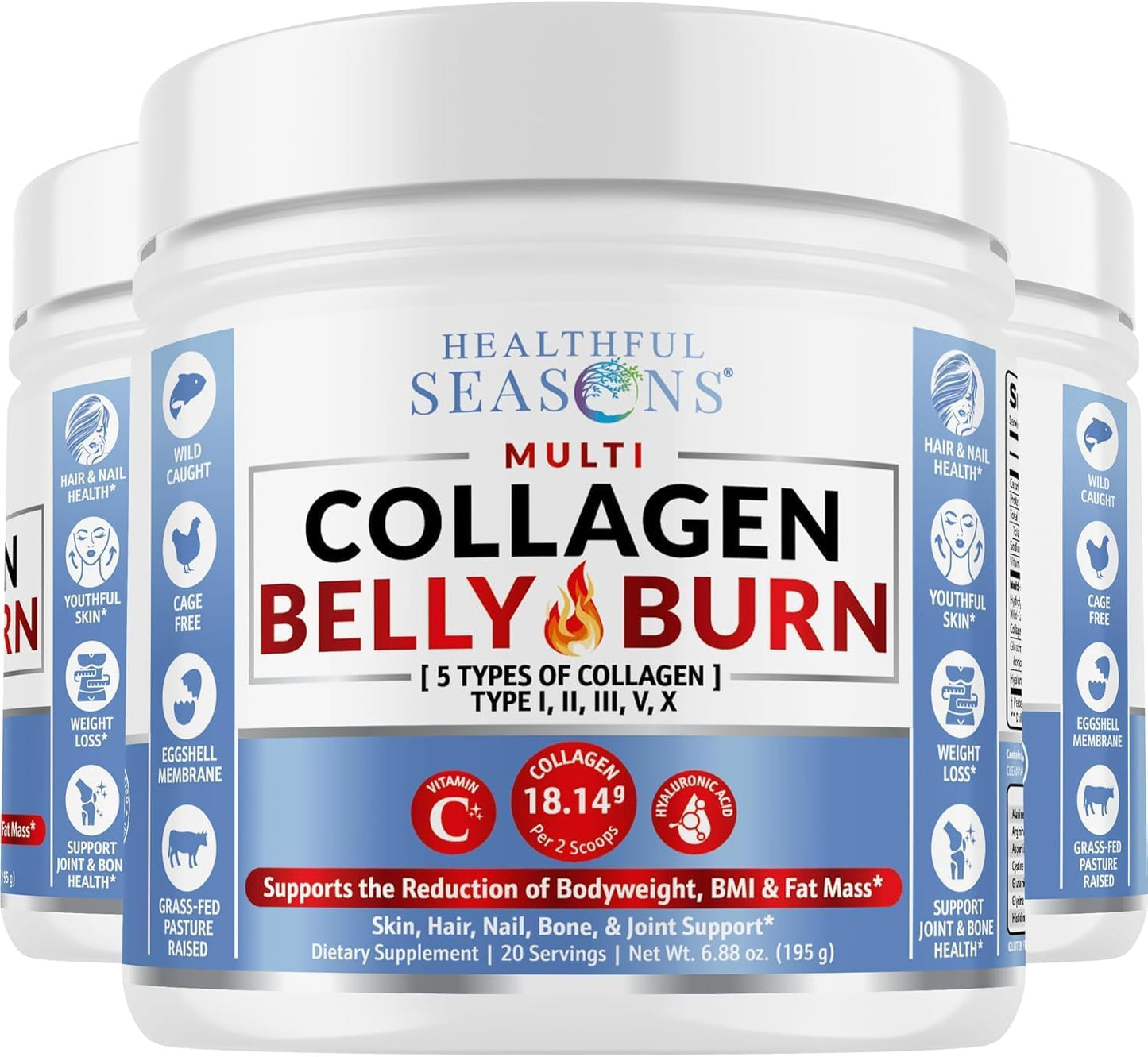 Healthful Seasons Multi Collagen Belly Burn Powder with Hyaluronic Acid, Vitamin C, L-Carnitine, Glucomannan - Unflavored Formula for Weight Loss