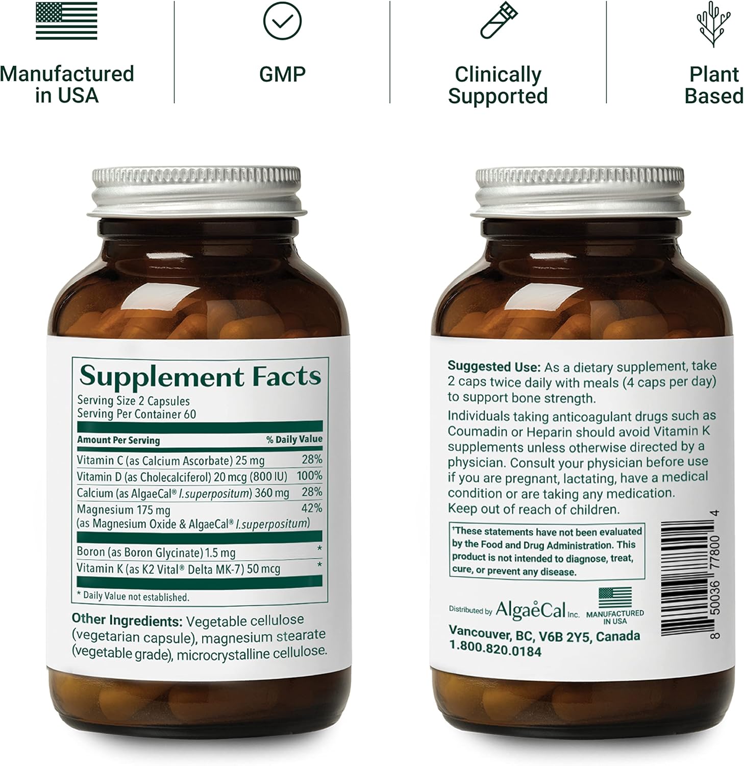 Healthy Bones Bundle: ALGAECAL Calcium Supplement with Vitamin D3 & K2, Magnesium, Book by Lara Pizzorno - Boost Bone Health, 1-Month Supply