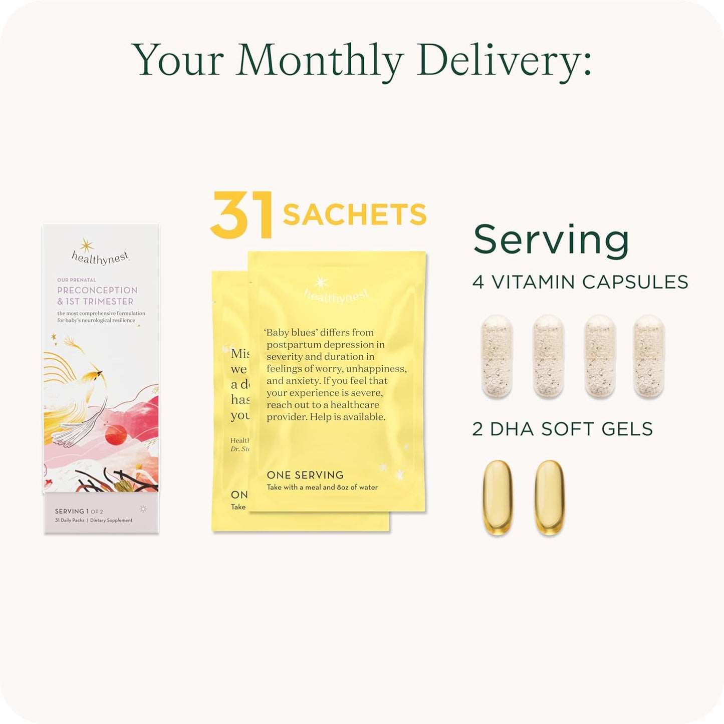 Healthybaby HealthyNest Postnatal & 4th Trimester Prenatal Vitamin with Methylated Folate, Choline, DHA, and Iron - 31 Day Supply