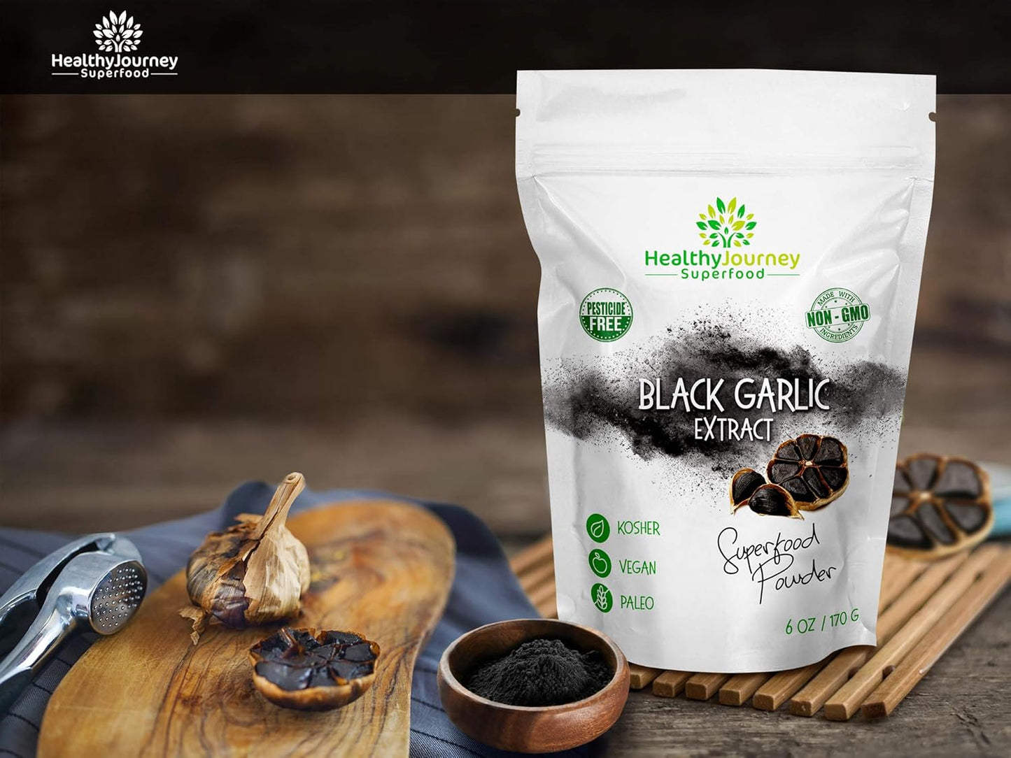 HealthyJourney Superfood Black Garlic Extract Powder - Pesticide Free, Non-GMO, Vegan, Gluten Free, Rich in Antioxidants - 6 OZ
