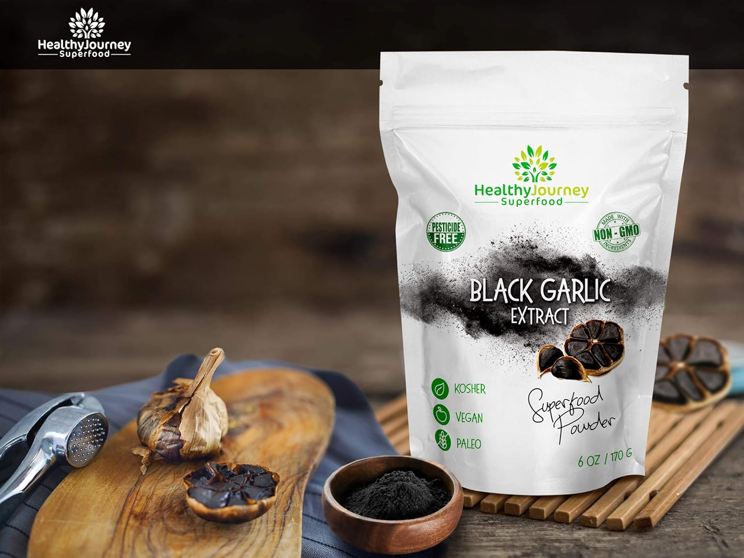 HealthyJourney Superfood Black Garlic Extract Powder - Pesticide Free, Non-GMO, Vegan, Gluten Free, Rich in Antioxidants - 6 OZ