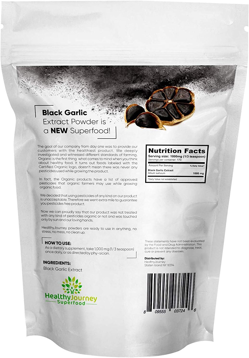 HealthyJourney Superfood Black Garlic Extract Powder - Pesticide Free, Non-GMO, Vegan, Gluten Free, Rich in Antioxidants - 6 OZ