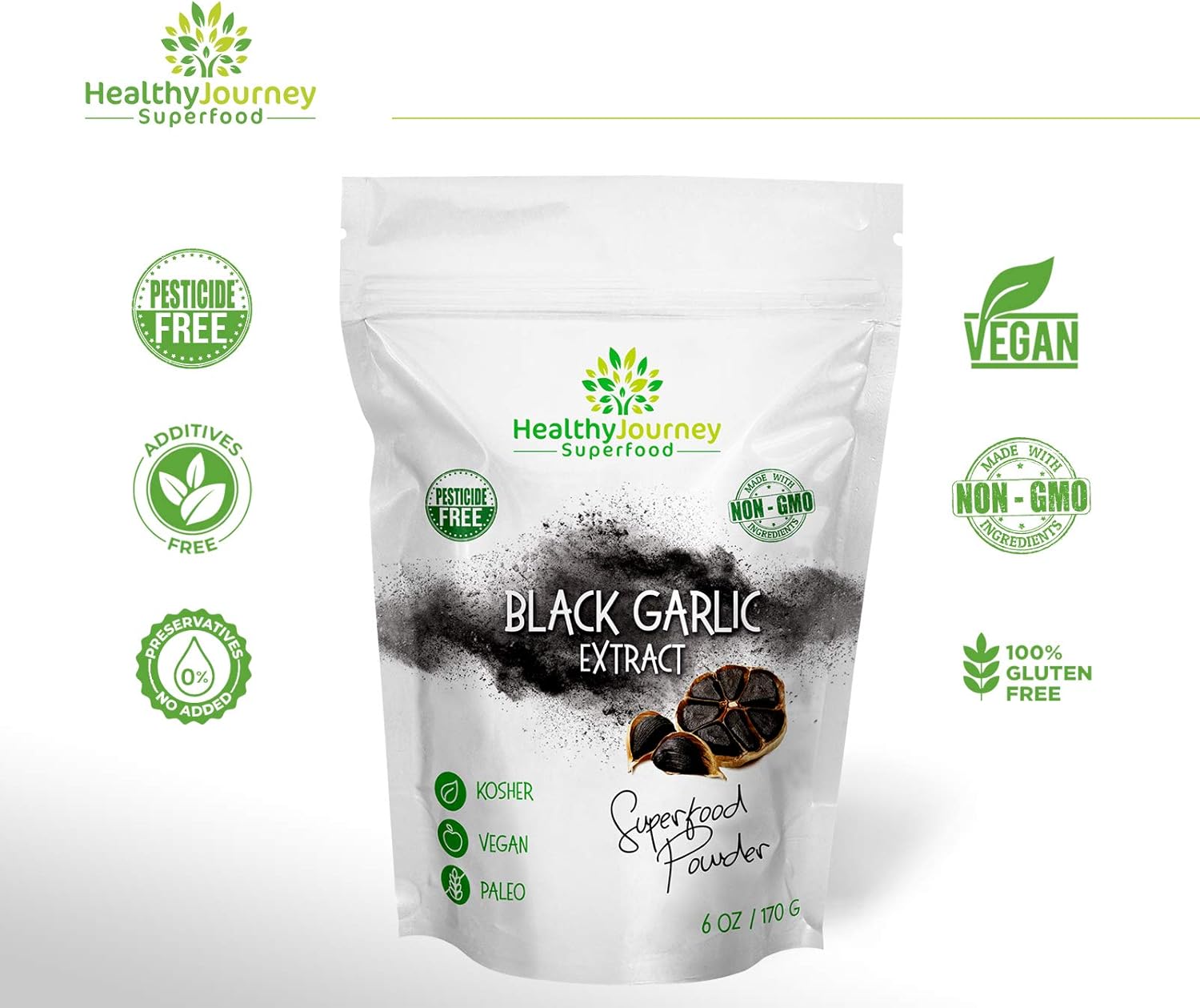 HealthyJourney Superfood Black Garlic Extract Powder - Pesticide Free, Non-GMO, Vegan, Gluten Free, Rich in Antioxidants - 6 OZ